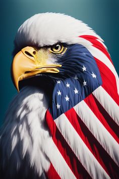 an eagle with the american flag on it's chest and head, against a blue sky background