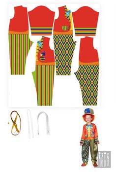 a paper doll is standing next to some clothes and accessories for it's costume