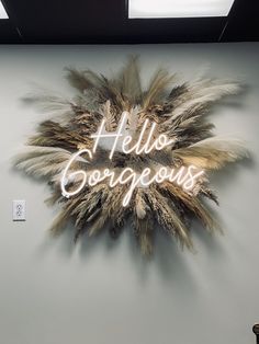 a sign that says hello gorgeous on the side of a wall with feathers hanging from it