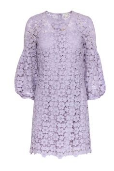 Current Boutique-Shoshanna - Lilac Floral Lace Puff Sleeve Shift Dress Sz 2 Spring Lace Dress With Puff Sleeves, Fitted Puff Sleeve Lace Dress For Spring, Elegant Lavender Dress With Lace Trim, Lavender Long Sleeve Dress For Garden Party, Purple Lace Dress For Spring, Spring Dress With Scalloped Lace And Puff Sleeves, Lavender Party Dress With Lace Trim, Elegant Lavender Puff Sleeve Dress, Spring Puff Sleeve Dress With Scalloped Lace