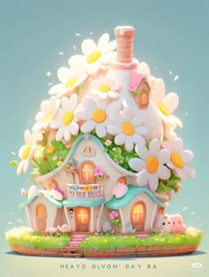 a house with flowers on the roof is shown in this digital art style illustration,