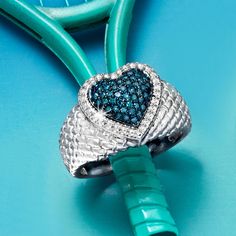 Ross-Simons - .25 ct. t. w. Blue Diamond Heart Ring in Sterling Silver. Size 7. This lovely design features a gorgeous .25 ct. t. w. blue diamond heart center in a beaded frame and on a basketweave band. A charming ring with a pop of color, perfect for any day of the week. Set in polished sterling silver with blue rhodium on diamonds. 1/2" wide. Blue diamond heart ring. Our blue diamonds are natural diamonds that have been treated which causes the color change and then heated to hold the color. Beaded Frame, Heart Center, Blue Diamonds, Diamond Heart Ring, Blue Diamond, Diamond Heart, Basket Weaving, Color Change, Natural Diamonds