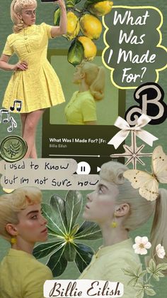 the collage shows two women in yellow dresses and one is holding a lemon tree