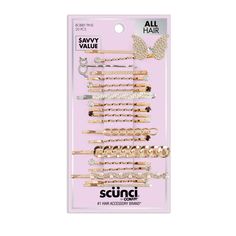 This 20-piece collection of slide bobby pins is anything but ordinary. Each pin is designed to hold hair firmly while adding elegance with a range of sparkling designs. Elegant gold tone and silver tone, rhinestone adornments, bejeweled butterfly accents. Wear them as singles or stack them for maximum bling! About scünci Hair Accessories When it comes to keeping your look on trend, scünci has you covered with today’s hottest hair accessories, including stylish bows, claw clips, headbands, super- Claw Clips, Claw Clip, Hair Tools, Beauty Care, Bobby Pins, Hair Clips, Night Out, Silver Tone, Health And Beauty