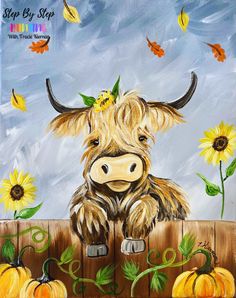 a painting of a cow sitting on a fence surrounded by sunflowers and pumpkins