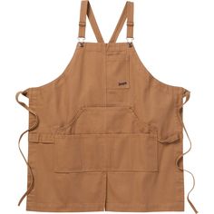 a brown apron with two straps on the front and one has an embroidered logo on it