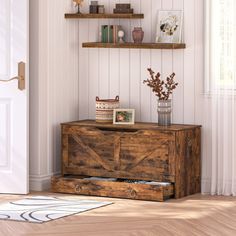 a living room with some shelves on the wall