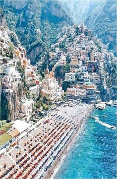 an aerial view of the beach and hotels in positanoa, amalfna