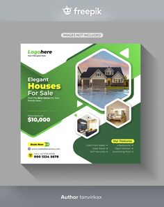 a flyer for a real estate sale with green and white shapes on the front, and an image of a house in the background