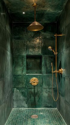 - https://howcandothis.com/homedecoration/moroccan-zellige-tiles/ Deep Green Tile Bathroom, Tile Shower Ideas Colorful, Dark Green Tile Shower Bathroom, Bathroom Interior Design Aesthetic, Emerald Tile Shower Ideas, Emerald Green Kitchen Tiles, Dark Green Tiles In Bathroom, Green Zellige Tiles, Shiny Tile Bathroom