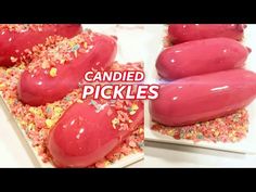 two pictures with different types of food on them and the words candied pickles