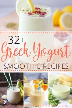 greek yogurt smoothie recipe collage with lemons, bananas and other ingredients