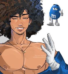 an animated man with curly hair and no shirt