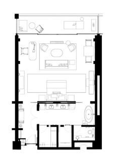 the floor plan for an apartment with one bedroom and two bathrooms, including a living room