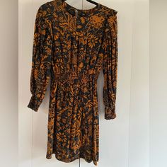 Super Flattering. Ruffle Shoulder With Puffed Sleeve And Gathered Waist. Size Xs Zara Orange Floral Print Dress, Zara Orange Mini Dress For Fall, Zara Orange Dress For Fall, Zara Orange Fall Dress, Zara Orange Long Sleeve Dress, Zara Dress, Black Orange, Zara Dresses, Waist Size