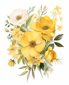 an arrangement of yellow and white flowers with green leaves on a white background, watercolor painting