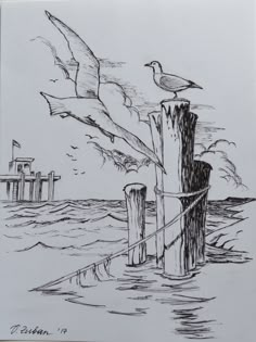 a drawing of a seagull sitting on top of a wooden post in the water