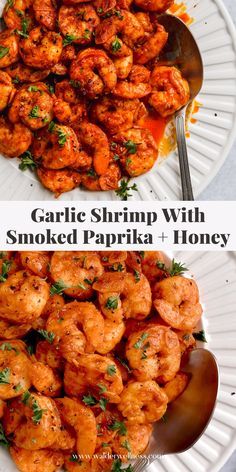 garlic shrimp with smoked paprika and honey served on a white plate next to a serving spoon