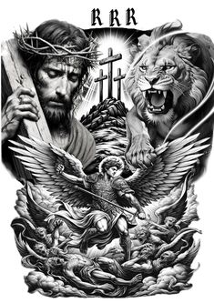 a black and white drawing of jesus with two lions