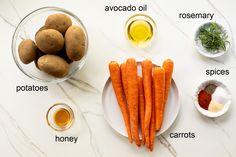 carrots, potatoes, and spices on a plate with the names of their ingredients