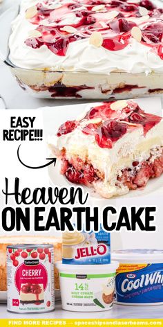 photos and ingredients for heaven on earth cake Sweet Cherry Recipes, Tart Cherry Pie, Church Desserts, Heaven On Earth Cake, Strawberry Heaven, Pan Desserts, Delight Dessert, Cheesecake Salad, Angel Food Cake Desserts