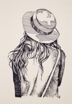 a drawing of a girl with a hat on her head looking down at the earth