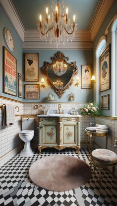 a fancy bathroom with chandelier, toilet and sink in it's center