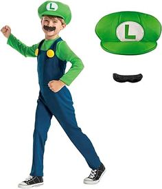 a young boy dressed up as luigi from the mario bros movie, standing in front of a green hat and costume