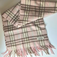 Pale Pink Plaid Cashmere Scarf 12”X54” 100% Cashmere Good Condition Aside From Minor Stains Shown In Photos. Burberry Aesthetic, Burberry Pink, Brown Scarves, Burberry Scarf, Burberry Accessories, Pink Scarves, Pink And Brown, List Ideas, Brown Plaid