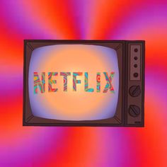 an old television with the word netflix written on it in front of a colorful background