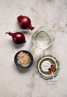 onions, salt and seasoning in bowls on a table