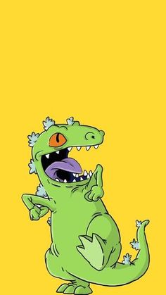 a green dinosaur with its mouth open and tongue out, standing in front of a yellow background