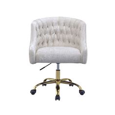 a white office chair with gold wheels and casteors on an upholstered base