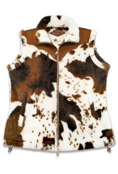 PRICES MAY VARY. MATERIAL: This women’s fleece vest outerwear is made from flexible vegan suede fabric (collar) and windproof soft fleece faux sherpa material (body), keeping your core warm and stylish in cool and windy conditions. DESIGN: The mimic cow print pattern adds a bold, rustic aesthetic. This sherpa fleece faux fur vest combines modern functionality with classic Western-inspired design. Perfect for cow print stuff lovers. Casual and cozy to wear, it combines comfort, warmth, and style. DETAILS: This straight slim fit vest features a fitted waistline for a flattering silhouette, a stand-up collar plus a two-way full zipper closure for versatility. The drawcord-adjustable hem seals out the elements. Designed as a utility vest with practical hand/hidden pockets. Plus sizes are also Cow Print Vest, Sleeveless Vest Jacket, Vest For Women, Rodeo Outfits, Cowgirl Outfits, Christmas Costumes, Suede Fabric, Vest Fashion, Fabric Collars