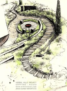 a drawing of a garden with stairs leading to the top and trees in the middle