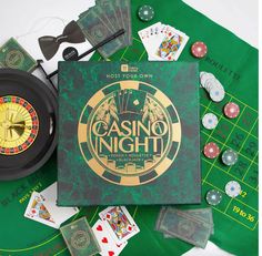 a casino night book surrounded by playing cards and dice