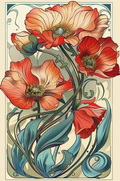 an art nouveau painting with red and orange flowers