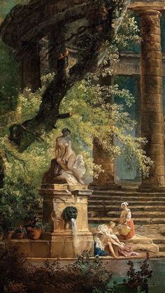 a painting of people sitting on steps in front of a fountain and trees with water