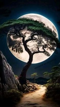 a painting of a tree on the side of a mountain with a full moon in the background