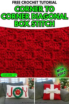 the corner to corner crochet diagonal box stitch pattern is shown in red and white