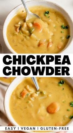 two bowls of chicken chowder with the title above it in black and white text