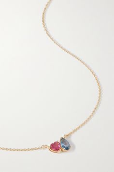 STONE AND STRAND's 'Just the Two of Us' necklace is strung with a pear-cut sapphire nestled beside a heart-shaped pink tourmaline - we think it makes a thoughtful gift for that special someone. It's handmade from 10-karat gold and adjusts between 16- and 18-inches. Layer it with other pieces from the brand. Gold Necklace With Pink Stone, Two Stone Necklace, Love Jewelry, Minimal Jewelry Necklace, Minimal Gold Jewelry, خواتم خطوبة, Jewelry Product Shots, Creative Jewelry Photography, Minimal Accessories