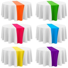 a set of six different color tables with white tablecloths