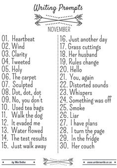 a printable list for writing prompts with the words written in black and white