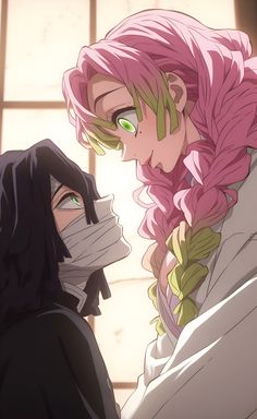 two people with pink hair and green eyes are looking at each other in front of a window