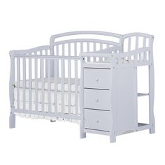 a white crib with drawers on the bottom and side rails, in front of a white background