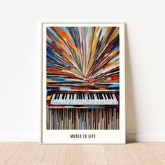 a poster with music is life written on it and an abstract piano keyboard in the background