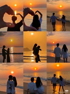 several pictures of people standing on the beach at sunset with their arms around each other