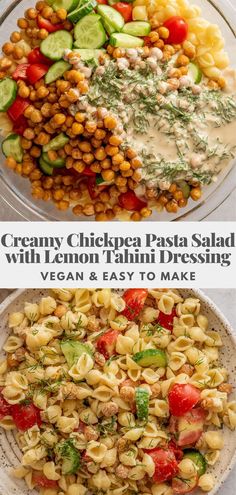 pasta salad with lemon tahini dressing, vegan and easy to make creamy chickpea pasta salad with lemon tahiti dressing