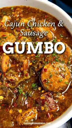 a close up of a bowl of gumbo soup